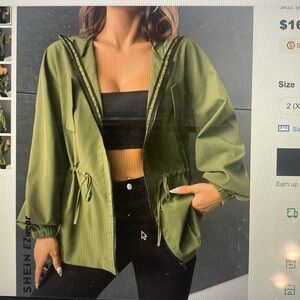 Shein army green, casual jacket, hood, long sleeve zip jacket